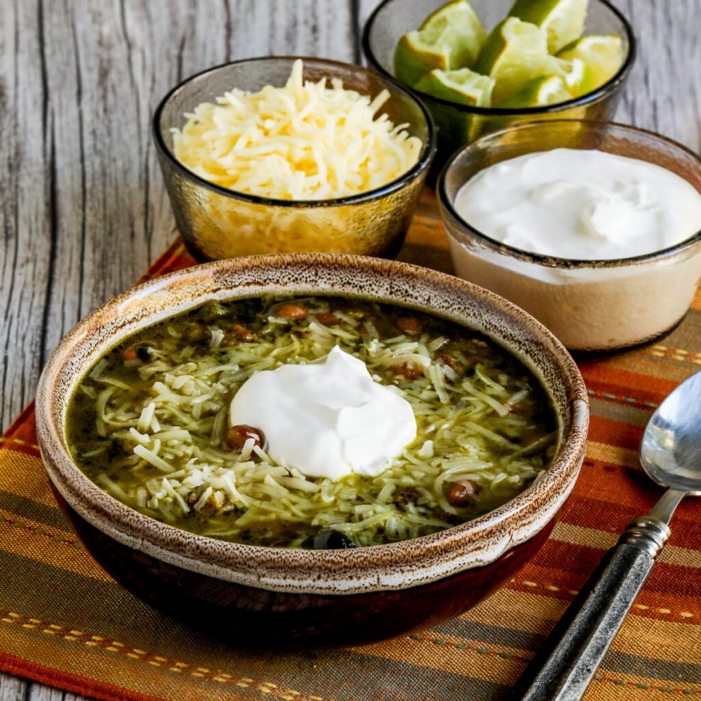 square image for turkey pinto bean chili in serving bowl