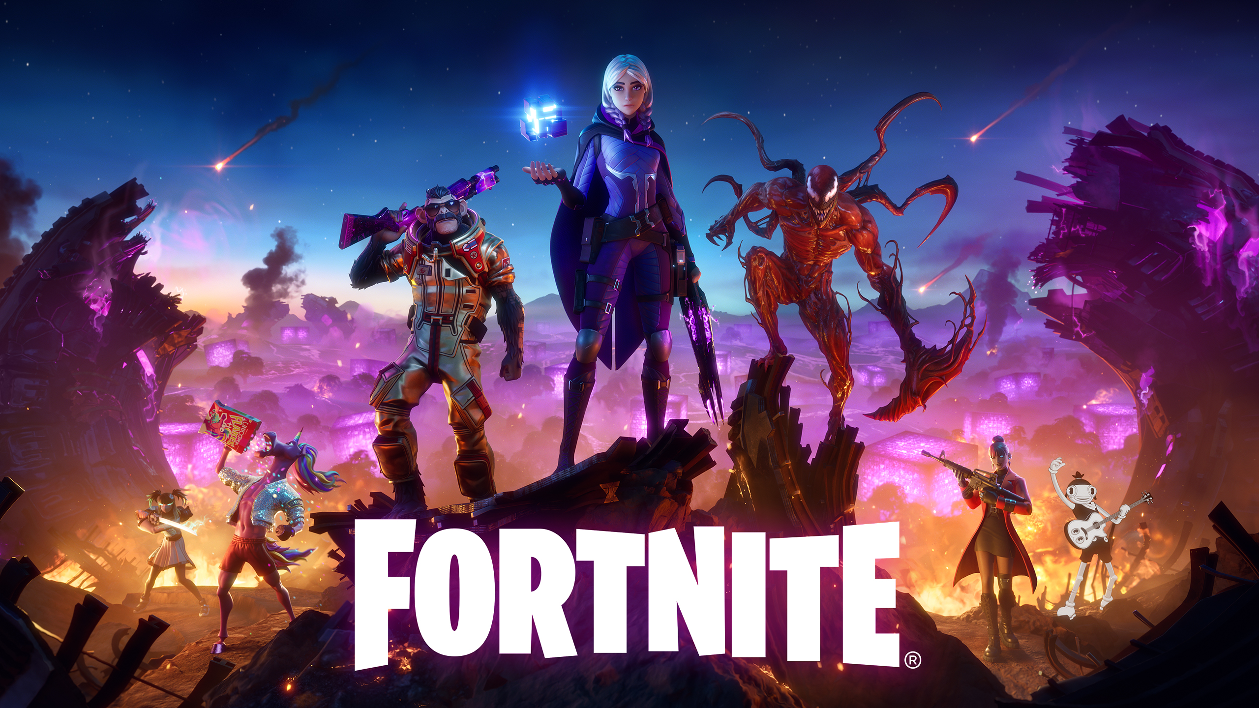 Marketing image for the game Fortnite. Various characters stand facing the