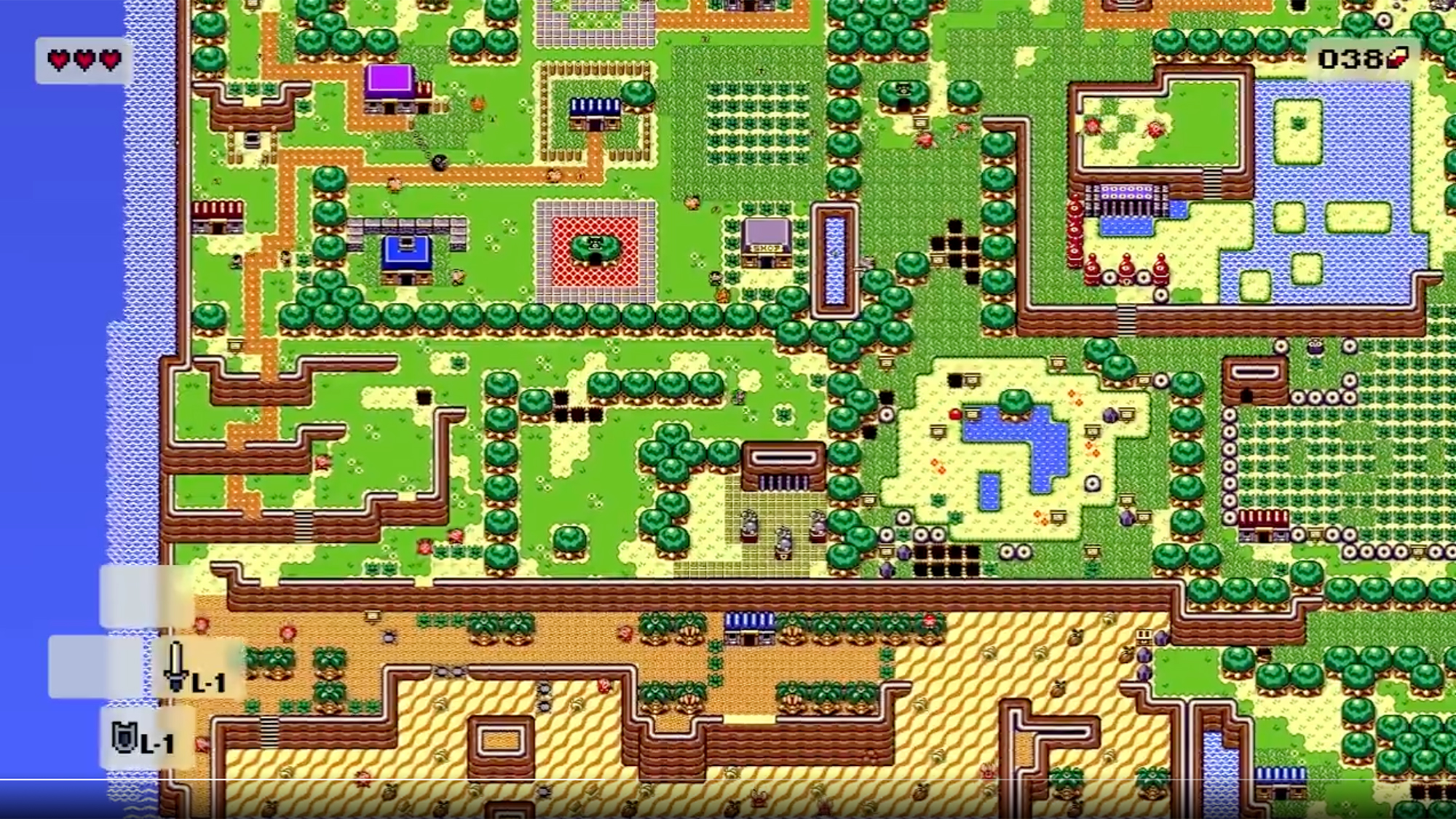 Fan-made remake of The Legend of Zelda: Link's Awakening, showing most of the southwest portion of Koholint Island as Link walks around. Colorful 1990 Game Boy graphics zoomed out far past what that hardware supported.