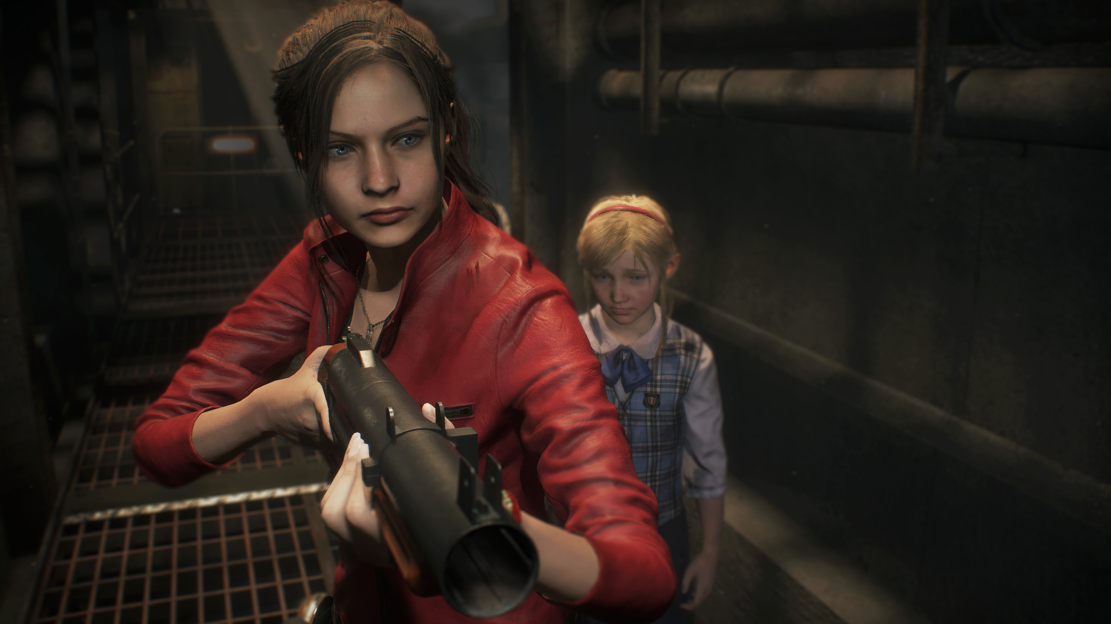 Marketing still from the Resident Evil 2 remake. Claire Redfield (protagonist) holds a shotgun, as she navigates a corridor with a child behind her.