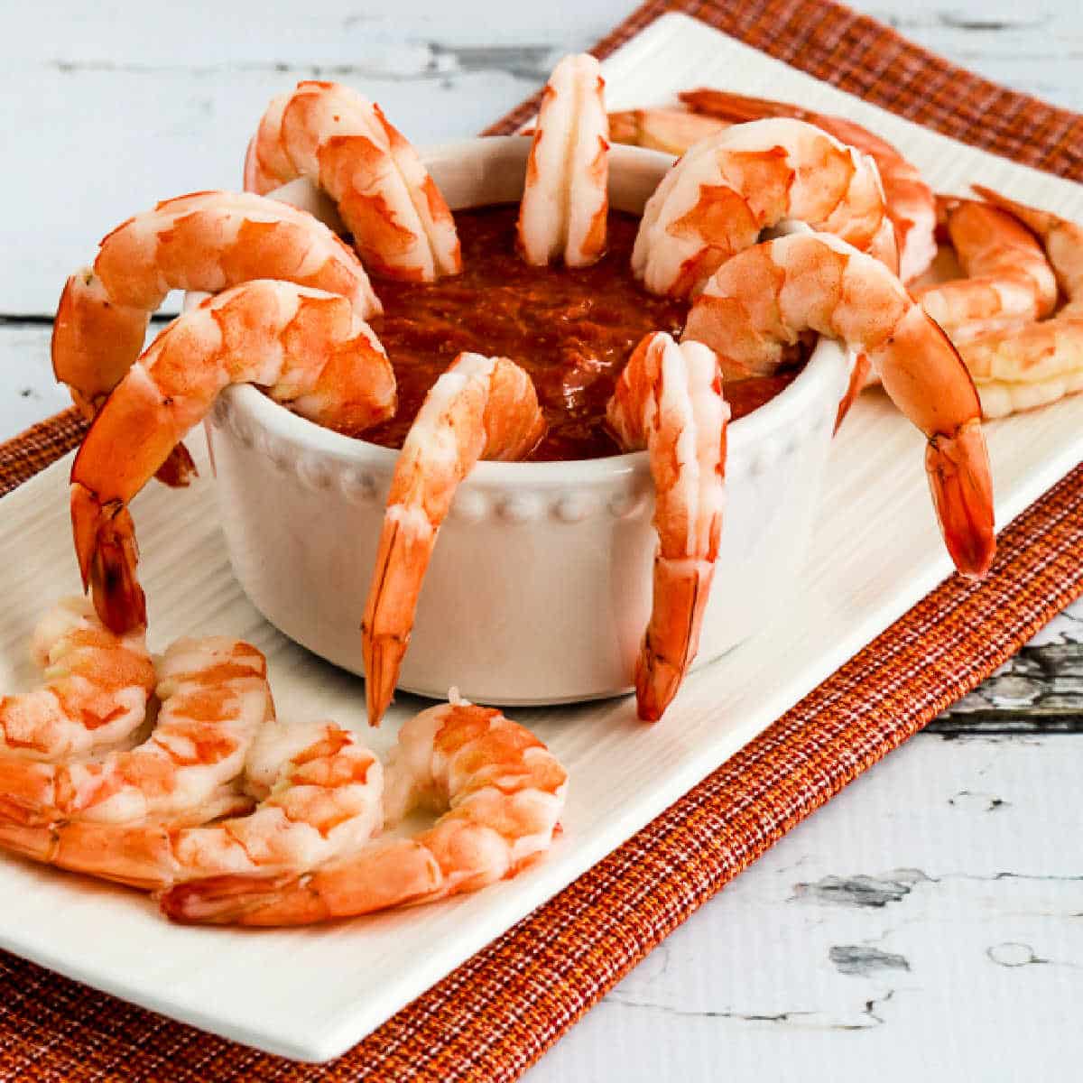 Shrimp with Keto Cocktail Sauce shown on serving platter.